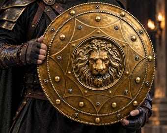 May include: A circular brass-toned shield featuring a prominent central relief of a lion's head. The shield is decorated with a star-shaped pattern, raised studs along the perimeter, and a beaded border, held by a figure in dark armor and a cloak.