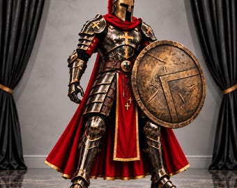 May include: A suit of armor featuring a metallic finish with gold cross accents, a red cape, and a red-crested helmet. The armor includes a breastplate, pauldrons, gauntlets, and greaves, paired with a large, round, weathered bronze shield.