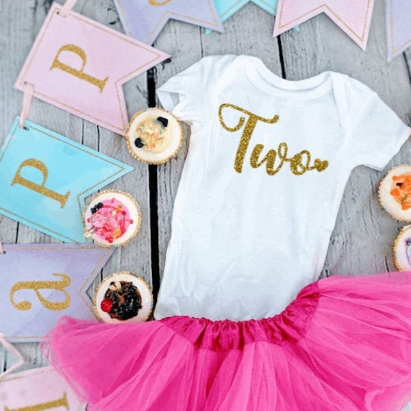 Two Onesie, Second Birthday Girl, Glitter Baby Girl Two Bodysuit, Toddler T-Shirt, 2nd Bday, Sparkle Gold Birthday Outfit, Smash Cake
