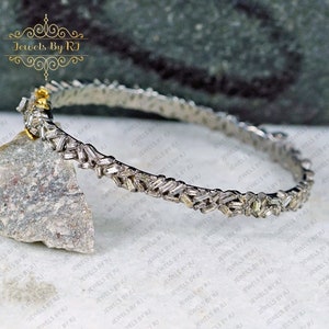 Baguette Diamond Oval Bangle, 925 Silver Diamond Bangle, Pave Diamond Bangle, Halfway Baguette Diamond Bangle,Oxidized Silver Diamond Bangle