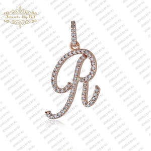 14K Solid Rose Gold Weiß Diamant R Initial Anhänger, Weiß Diamant R Initial Anhänger, 14K Solid Gold Diamant R Initialien