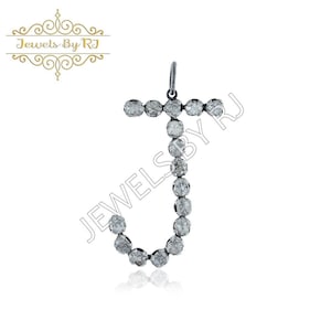 Pingente inicial Polki Diamond J, pingente inicial oxidado em prata 925, pingente inicial Polki Diamond com corte rosa, pingente inicial Polki Diamond