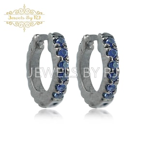 Huggie Hoop Earrings, Blue Sapphire Gemstone Hoop Earrings, Huggie Sapphire Gemstone Earrings, 6MM Small Hoop Earrings, 925 Silver Hoop