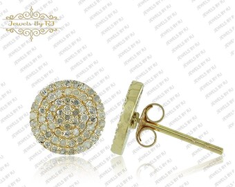 Pernos de diamante blanco de oro de 14 quilates, pernos redondos de diamantes de oro, pernos de diamantes de oro de 8 mm, pendientes de oro de diamantes pavimentados, joyería de pernos de diamantes de 14 quilates