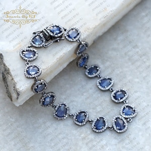 Silver Diamond & Blue Sapphire Gemstone Bracelet, 925 Silver Sapphire Gemstone Bracelet, Blue Sapphire Silver Bracelet, Gemstone Bracelets