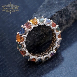 14K Solid Yellow Multi Sapphire Baguettes ring, Eternity Ring, Baguettes Eternity, Multi-Color Eternity Ring, Eternity Band Jewelry