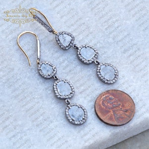 Pendientes de diamantes de plata 925 y oro de 14K, pendientes de diamantes pavimentados, pendientes de gota de lágrima de diamantes, pendientes de rebanadas de diamantes, pendientes de diamantes de plata