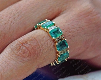 Natural Emerald 14K Solid Gold Ring, Emerald & Baguette Diamond Gold Eternity Bands, 14K Yellow Gold Emerald Ring Band, Emerald Ring Band,