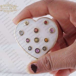 14K Gelbgold Multi Saphir Herz Anhänger, Mutter Perle mit Sapphire Love Herz Anhänger, MOP & Multi Sapphire Gold Herz Anhänger