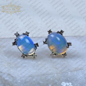 OPAL Gemstone with Double Cut Diamond Studs, 925 Silver & 14K Gold Stud Opal Earring, Double Cut Diamond and OPAL Gemstone Stud Earrings