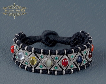 Pave Diamant Oxidiertes Sterling Silber Navratan Makramee Armband, Silber Makramee Armband, Pave Diamant Makramee Armband, 7 Zoll Makramee Armband