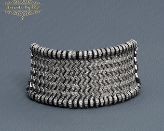 Pave Diamant Oxidiertes Sterling Silber Makramee Armband, Silber Makramee Armband, Pave Diamant Makramee Armband, 7.5 Zoll Makramee Faden
