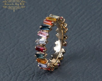 14k Solid Multi Sapphire Baguette Ring, Yellow Gold Multi Sapphire Eternity Bands, Multi Sapphire Gold Ring, Baguette Sapphire Gold Ring