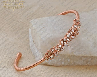 925 Silver with Rose Gold Plating Bangle, Baguette Diamond Silver Cuff Bangle, Diamond Cuff Bangle, Rose Gold Plated Cuff Banglegift for her