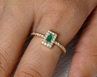 Anillo de diamantes de corte doble esmeralda y blanco de oro de 14K, anillo de oro con diamantes esmeralda, anillo de diamantes pavé, anillo de piedras preciosas, anillo de boda, anillo apilable