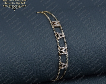 Pulsera de nombre MAMA de diamante blanco de 14 quilates, pulsera de nombre personalizado, pulsera de oro inicial personalizada, pulsera de oro inicial de diamantes, pulsera de nombre de 14k