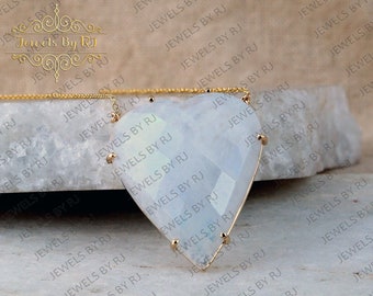 14K Solid Gold Rainbow Moonstone Heart Pendant, 30MM