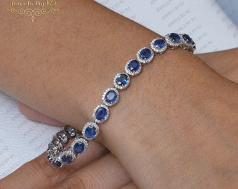 14K Solid White Gold with Diamond & Blue Sapphire Bracelets, Blue Sapphire 14K White Solid Gold Bracelets, Double Cut Diamond Gold Bracelets