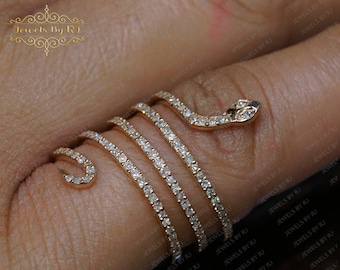 14K Solid Gold White Diamond Snake Ring, Yellow Gold Diamond Ring, Diamond Snake Ring, Gold Snake Ring, Yellow Gold Diamond Snake Ring