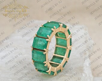 Natural Emerald 14K Solid Gold Ring, Emerald Gold Earrings, 14K Yellow Gold Emerald Ring Band, Emerald Ring Band, Gemstone Ring, Gold Ring