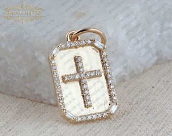 14K White Diamond CROSS TAG PENDANT, 14K Solid Yellow Gold Diamond Pendant, Gold Diamond Dog Tag Pendant, 14K Solid White Diamond Charm