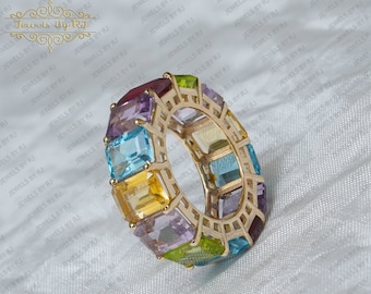14K Solid Yellow Gold Gemstone Ring, Multi Stone Gold Ring Band, 14K Gemstone Eternity Bands, Multi Gemstone Gold Ring, Gemstone Gold ring