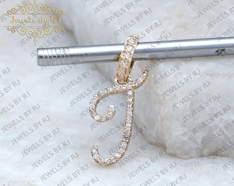 Pave Diamond Initial Pendant, 14K Solid Gold J Initial Pendant, Diamond J Initial Pendant, Yellow Gold Diamond Initial Pendant, J Initial