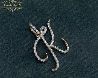 14K Solid Gold Diamond K Initial pendant, White Diamond Initial Pendant, Gold Diamond Initial Pendant, Custom Letter Diamond Gold Pendant