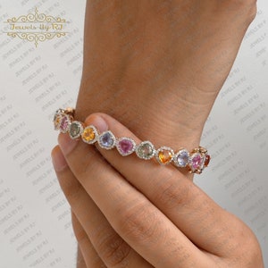14K Gold Multi Sapphire Bangle, Pave Diamond Gold Gemstone Bangle, Multi Sapphire Handmade Gold Bangle, 14K Solid Gold Gemstone Bangle