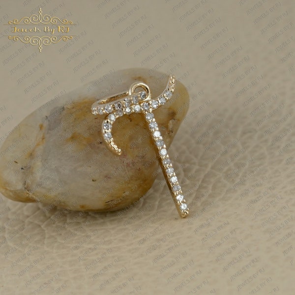 Pendentif initial en diamant blanc T, pendentif initial en or jaune massif 14K, pendentif initial en or pavé de diamants, dernier pendentif en diamant avec mots