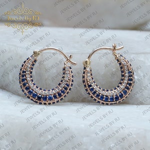 Pave Diamond & Blue Sapphire 14K Solid Gold Huggins Hoop Earrings, Pave Diamond Huggins Hoop Earring, Gold Huggins, Blue Sapphire Hoop