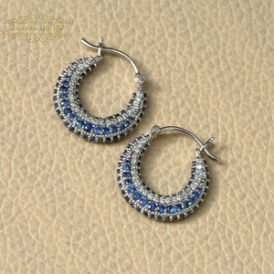 Pave White Diamond & Blue Sapphire 14K Solid Gold Huggins Hoop Earrings, Pave Diamond Huggins Hoop Earring, Gold Huggins, Blue Sapphire Hoop