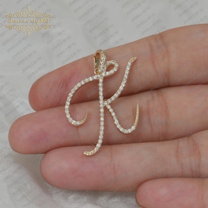 14K Solid Gold Diamond K Initial pendant, White Diamond Initial Pendant, Gold Diamond Initial Pendant, 30MM Big 14K Gold K Initials Pendant