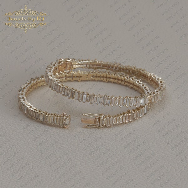 14K Gold White Baguette Diamond Bangle, Baguette Diamond Bangle, Gold Baguette Diamond Bangle, 14K Solid Yellow Gold Baguette Diamond Bangle