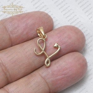 Inicial L cursiva de oro macizo de 14K con colgante de corazón, colgante inicial de oro, colgante de iniciales de oro de 14K, colgante de oro de 14K y encanto