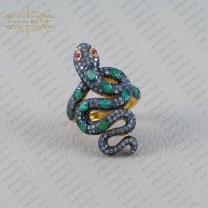 Pave Diamond & Emerald Gemstone Snake Ring, 925 Silver Gold Plated Diamond Gemstone Ring, Snake Ring, Diamond Snake Ring, Pave Diamond Ring