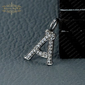 Pave Diamond Pendant, 925 Silver A Initial Pendant, Oxided Silver Diamond Initial Pendant, Silver letter Charm, 925 Silver A Initial Charm
