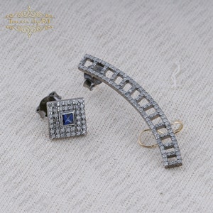 Pave Diamond Ear Cuff, Blue Sapphire & Diamond Ear Cuff, 14K Gold and 925 Silver Diamond Ear Cuff Jewelry, Oxidized Silver Ear Cuff Jewelry