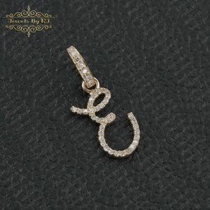 Colgante de oro amarillo de 14 k, colgante de diamante pavé con letra E cursiva, colgante de diamante con inicial, colgante de diamante pavé, colgante de diamante, inicial de diamante