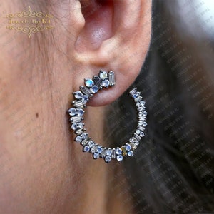 Rainbow Moonstone & Baguette Diamond 925 Silver Curve Stud Earrings, Gemstone and Diamond Silver Studs, Gift For Her, Diamond Hoop Earrings