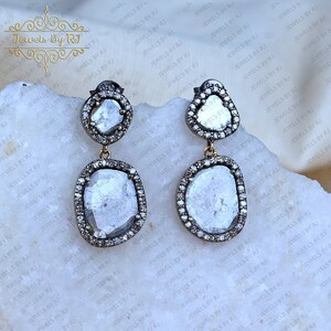 Pendientes de rodajas de diamantes pavé, pendientes de plata 925 y oro de 14 quilates, pendientes de diamantes pavé, pendientes de rodajas de diamantes/diamantes, pendientes de diamantes de plata