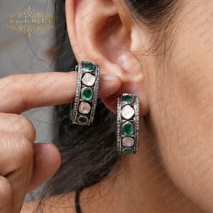 Smaragd & Rosenschliff Polki Diamant Hoop Ohrring, 925 Silber Polki Diamant Hoop Ohrringe, 925 Silber Rose Schliff Diamant oxidiert Hoop Ohrringe