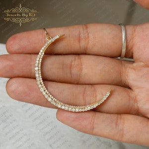 14k Gold White Diamond Crescent Moon Pendant, 14K Moon Double Cut Diamond Pendant, Diamond Moon Pendant, Diamond Moon, Pave Diamond Pendant