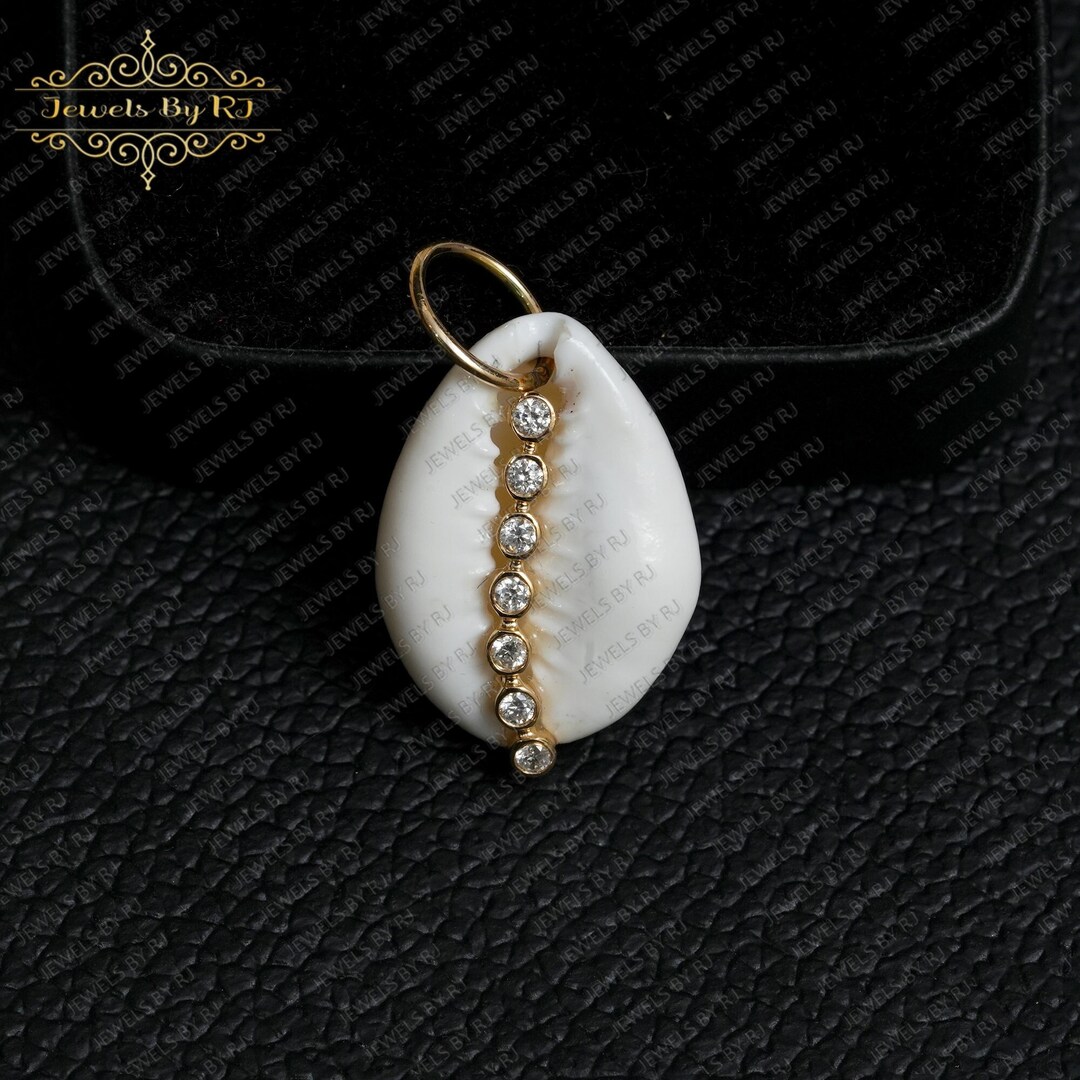 14K Gold Diamond & Cowrie Shell Pendant, Gold Cowrie Shell Charm,14k