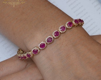 14K Solid Yellow Gold with Diamond & Ruby Bracelets, Ruby Gemstone 14K Yellow Solid Gold Bracelets, Double Cut Diamond Ruby Gold Bracelets