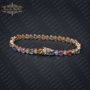 14K DIAMOND & SAPPHIRE BRACELETS, Yellow Gold Multi Sapphire Diamond Bracelet, 14K Gold Heart Diamond Gemstone Bracelet, Gold Bracelet