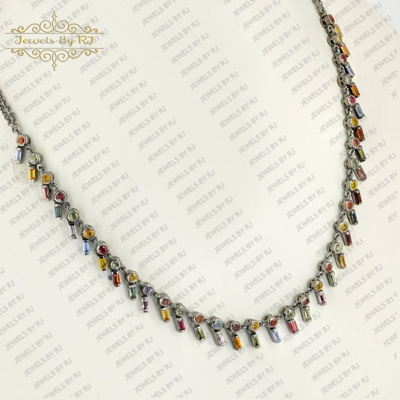 925 Silver Multi Sapphire Gemstone Necklace, 925 Silver Gemstone Necklace, Multi Sapphire Necklace, 925 Silver Sapphire Gemstone Necklace
