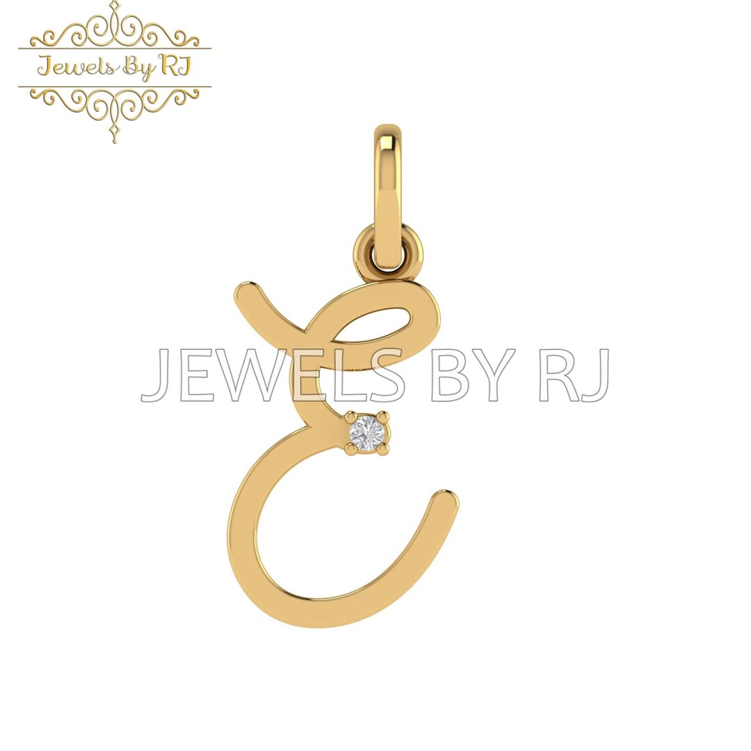 14K Solid Gold E Initial Pendant Single White Diamond Etsy