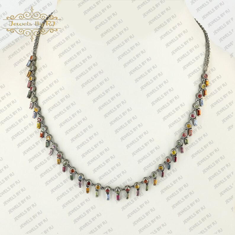 925 Silver Multi Sapphire Gemstone Necklace, 925 Silver Gemstone Necklace, Multi Sapphire Necklace, 925 Silver Sapphire Gemstone Necklace