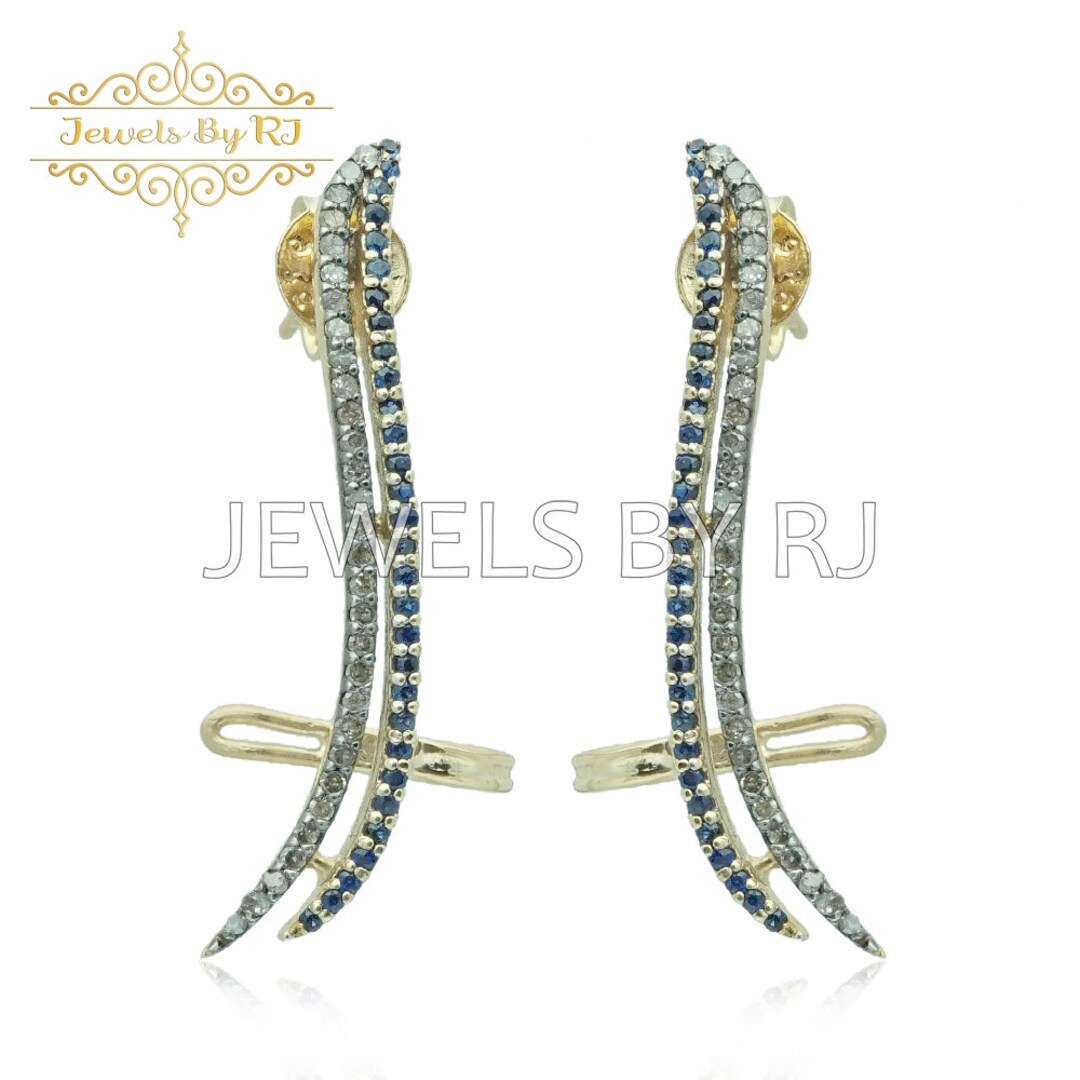 Pave Diamond Ear Cuff, Diamond & Blue Sapphire Ear Cuff Schmuck, 925